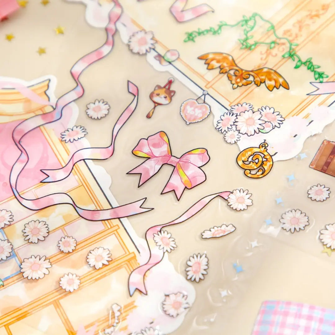 Close-up of Ornament Display Cabinet PVC stickers with pink ribbons, flowers, bows, and small decorative pieces