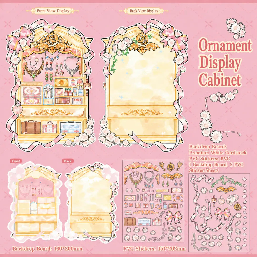 Ornament Display Cabinet 3D scene sticker kit with pink jewelry cabinet backdrop, front and back views, and PVC sticker sheets