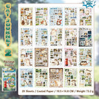 Outdoor cat journey sticker book overview showing 20 coated paper sticker sheets with cats, gardens, seasons, cafés, plants, and travel-inspired scenes