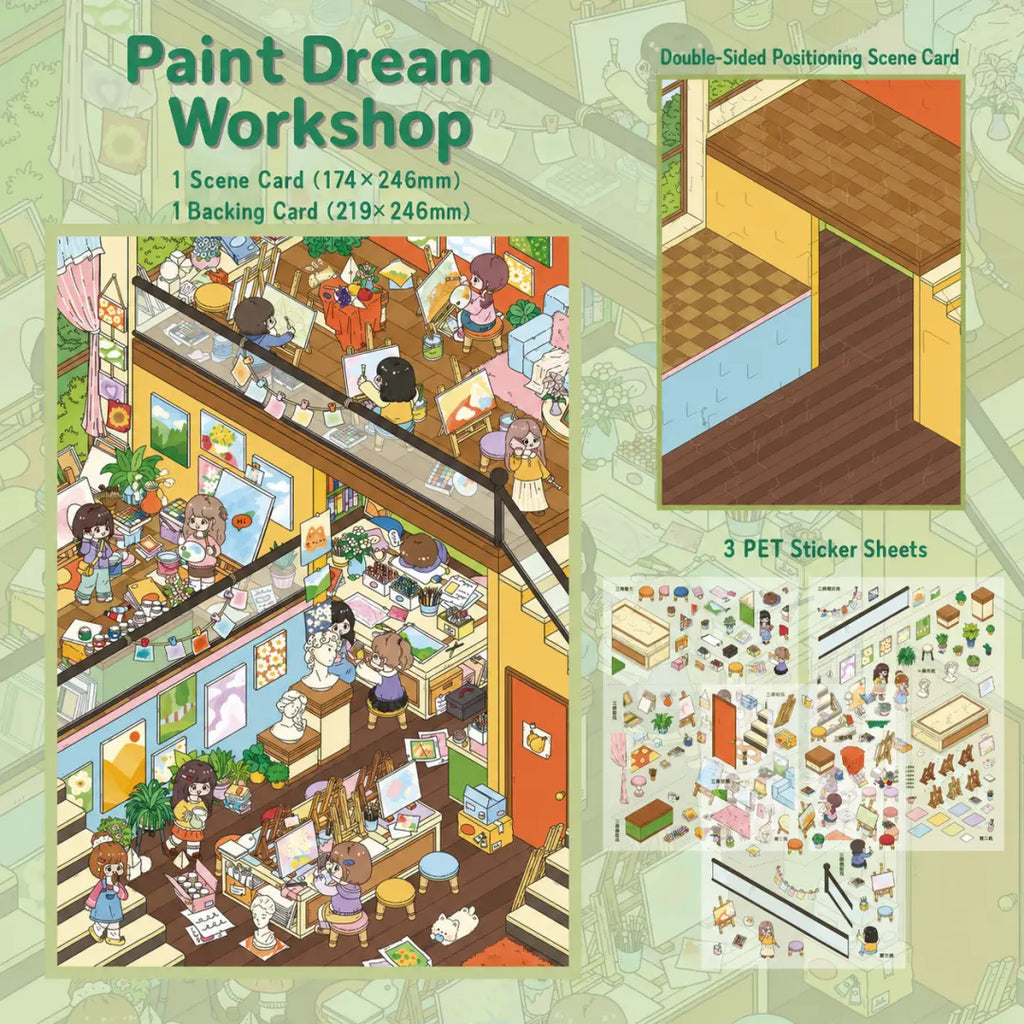 Paint Dream Workshop 3D scene sticker kit contents with scene card, backing card, and 3 PET sticker sheets