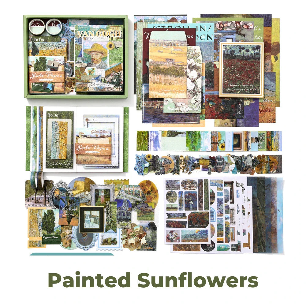 Painted Sunflowers Junk Journal Kit flat lay showing the coordinated papers, ephemera, stickers, and craft embellishments included in the set