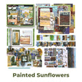 Painted Sunflowers Junk Journal Kit flat lay showing the coordinated papers, ephemera, stickers, and craft embellishments included in the set