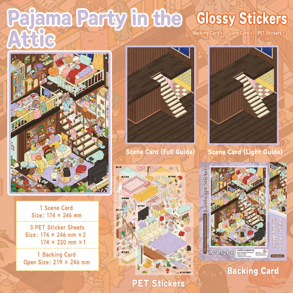 Pajama Party in the Attic 3D scene sticker kit contents with scene card, PET sticker sheets, backing card, and glossy sticker details