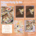 Pajama Party in the Attic 3D scene sticker kit contents with scene card, PET sticker sheets, backing card, and glossy sticker details