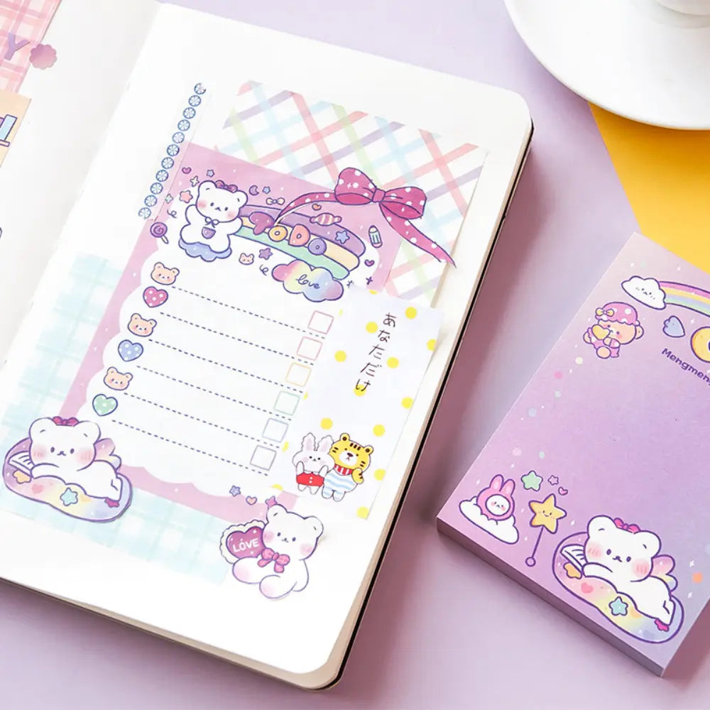 Pastel Animal Notes memo pad assortment showing eight soft character designs for creative journaling.