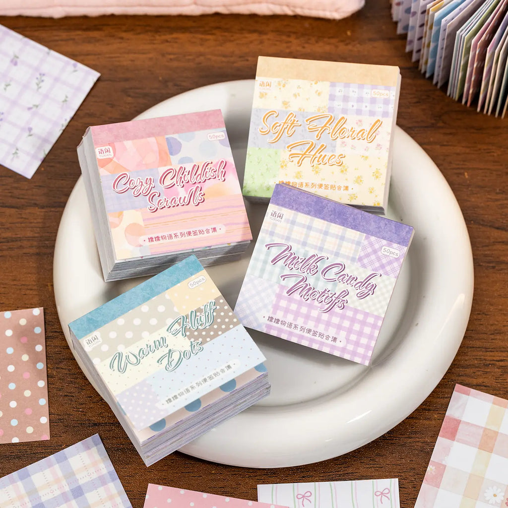 Four pastel pattern journaling sticker sets in plaid, floral, abstract, and polka-dot styles