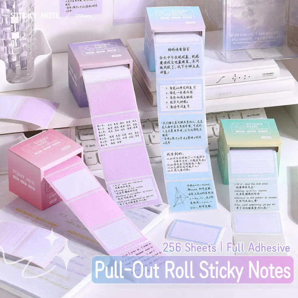 Pastel Pull-Out Roll sticky notes All 4 Styles set with gradient purple, blue, green, and pink dispenser boxes.