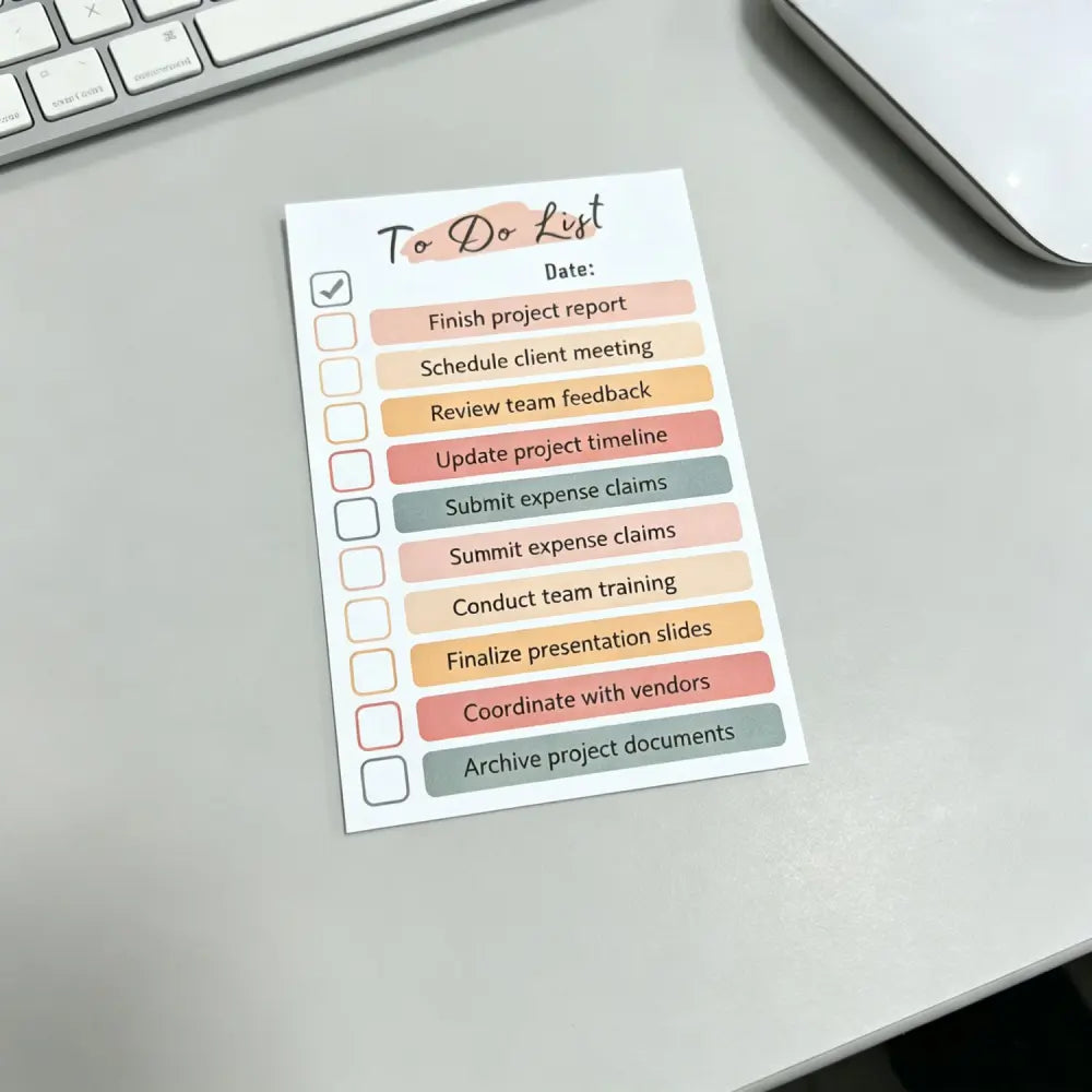 Pastel To-Do List memo pad detail showing soft color checklist layouts for planners and desk notes.