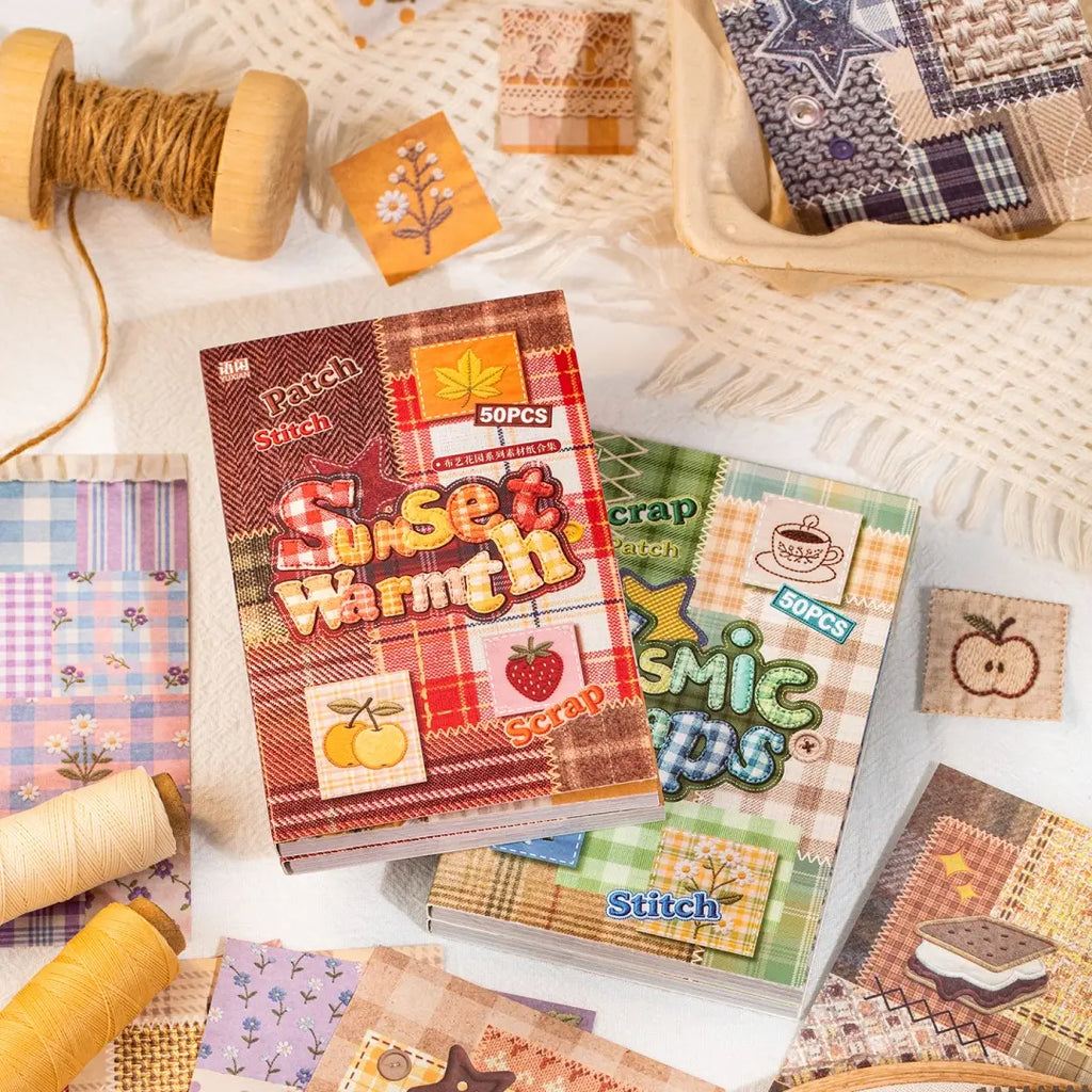 Patch Stitch journaling sticker set with Sunset Warmth and Cosmic Scraps booklets on a cozy craft desk