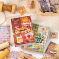 Patch Stitch journaling sticker set with Sunset Warmth and Cosmic Scraps booklets on a cozy craft desk