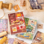 Patch Stitch journaling sticker set with Sunset Warmth and Cosmic Scraps booklets on a cozy craft desk