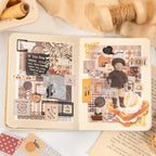 Open journal decorated with patch stitch journaling stickers, lace details, vintage collage elements, and warm scrapbook textures