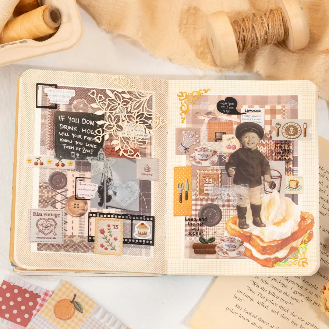 Open journal decorated with patch stitch journaling stickers, lace details, vintage collage elements, and warm scrapbook textures