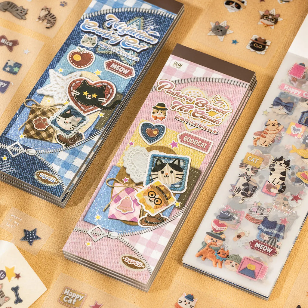 Patchwork Cat Journaling Sticker Set with Cloudside Meadow and Midnight Cowboy styles