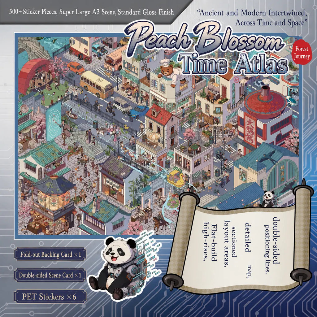 Peach Blossom Time Atlas 3D scene sticker kit with a large ancient and modern city scene