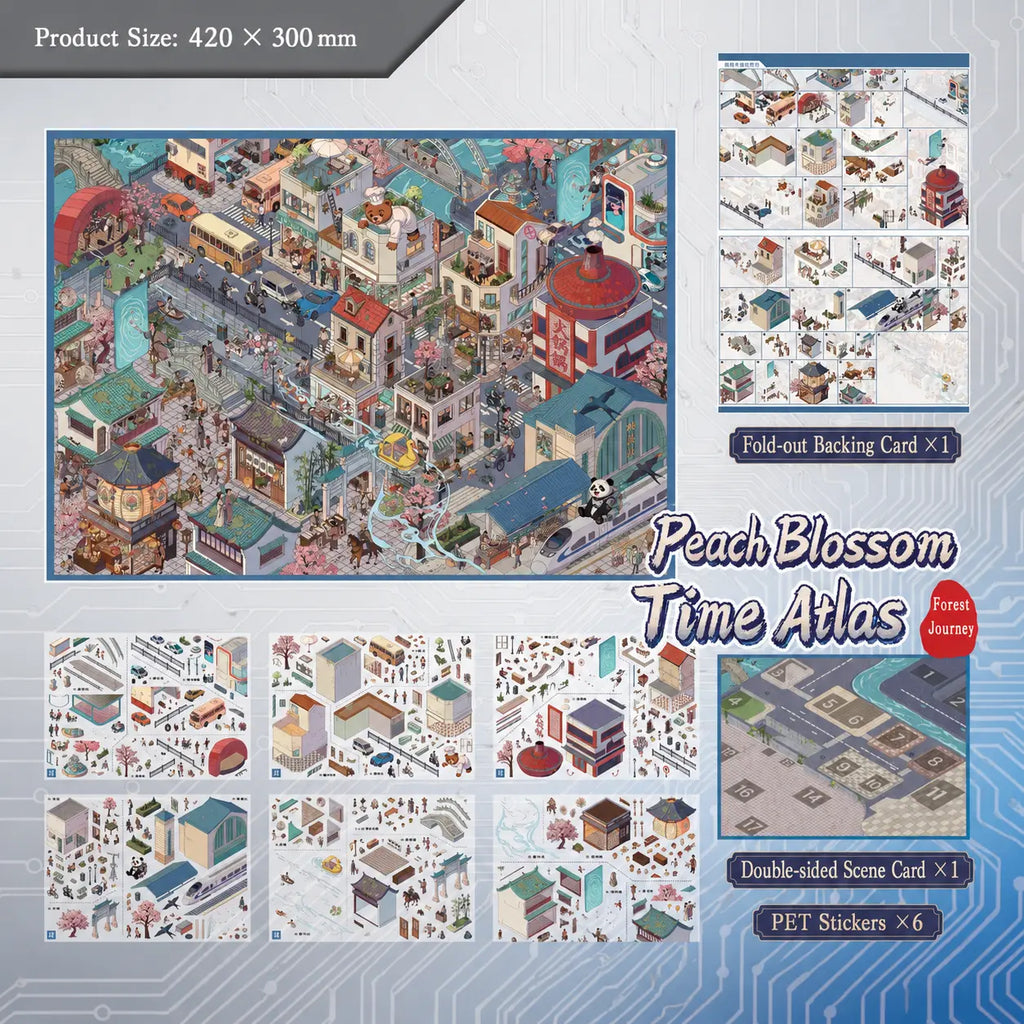 Peach Blossom Time Atlas scene sticker kit contents with fold-out backing card, double-sided scene card, and 6 PET sticker sheets