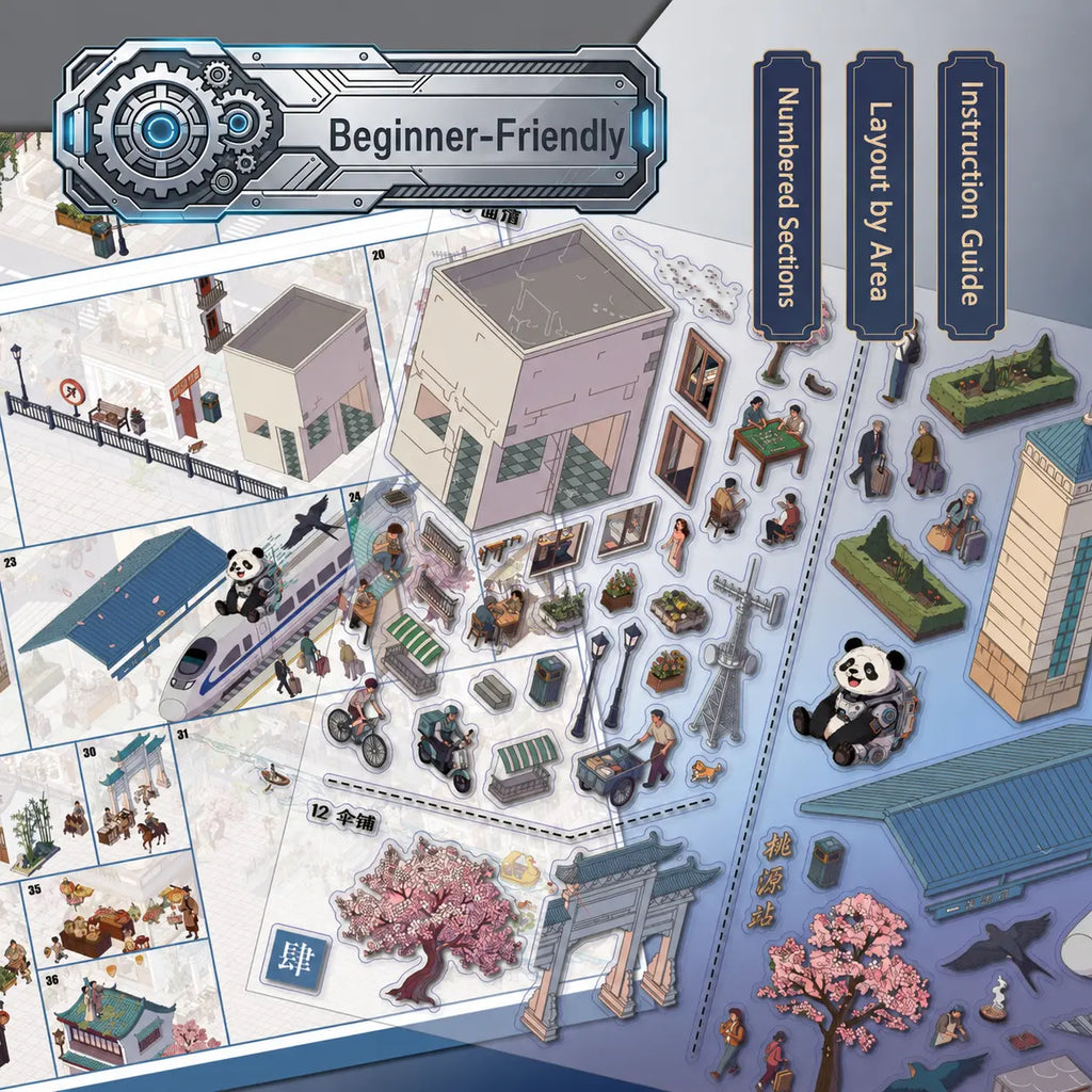 Beginner-friendly placement guide for the Peach Blossom Time Atlas 3D scene sticker kit with numbered sections and layout areas