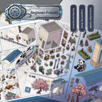 Beginner-friendly placement guide for the Peach Blossom Time Atlas 3D scene sticker kit with numbered sections and layout areas