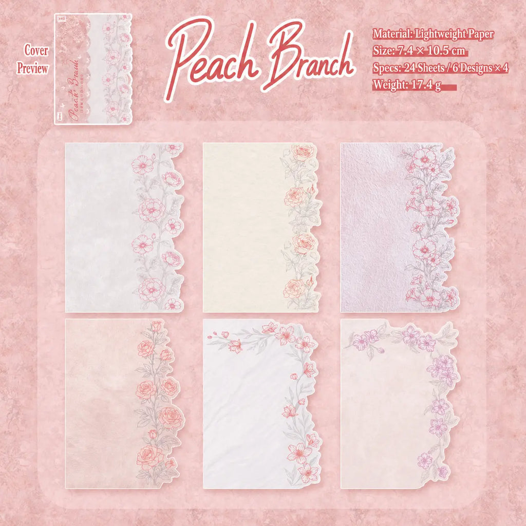 Peach Branch floral journaling sticker pack with pink botanical border designs on lightweight paper