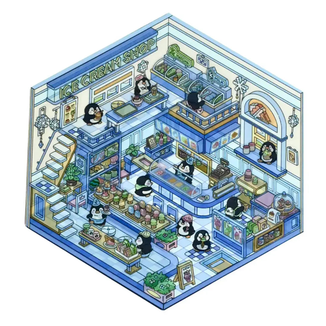 Penguin Ice-Cream Shop 3D scene sticker kit with blue ice cream shop interior and penguin characters