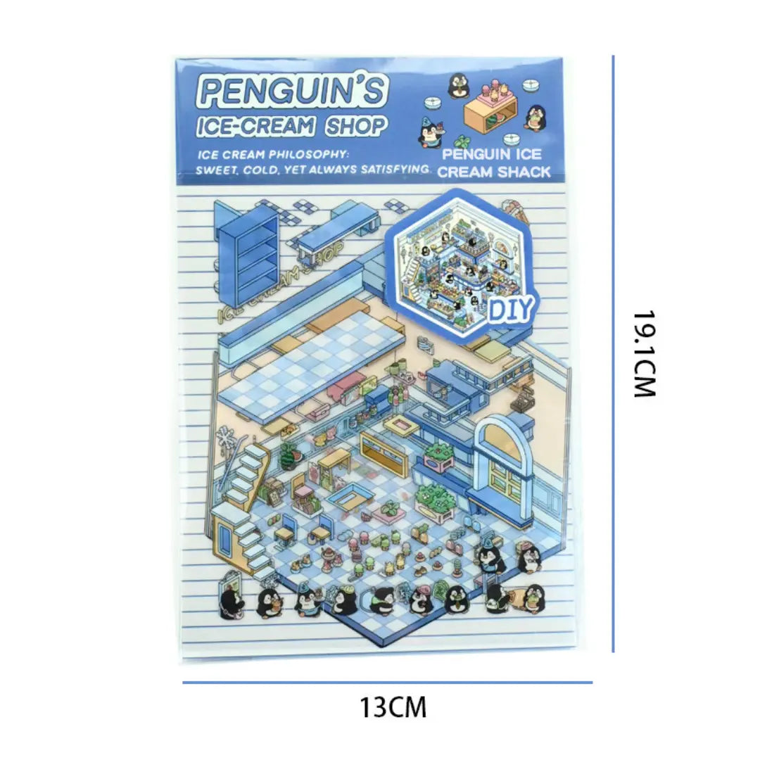Penguin Ice-Cream Shop 3D scene sticker kit package size showing 13 cm by 19.1 cm
