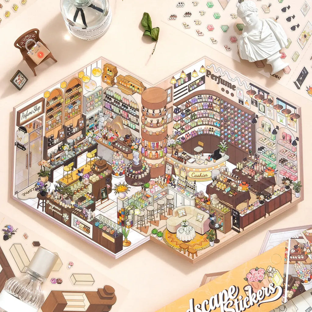 Perfume Research Society 3D Scene Sticker Kit finished display with fragrance shelves, perfume bottles, flowers, and a miniature boutique layout