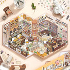 Perfume Research Society 3D Scene Sticker Kit finished display with fragrance shelves, perfume bottles, flowers, and a miniature boutique layout