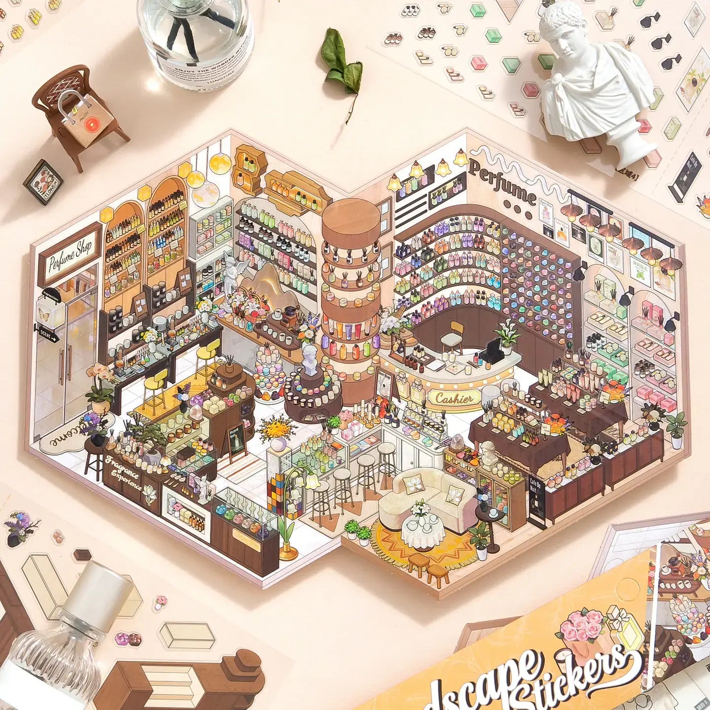 Perfume Research Society 3D Scene Sticker Kit finished display with fragrance shelves, perfume bottles, flowers, and a miniature boutique layout