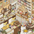 Close-up of the Perfume Research Society miniature scene showing perfume bottles, flower baskets, candles, lab tables, and boutique display shelves