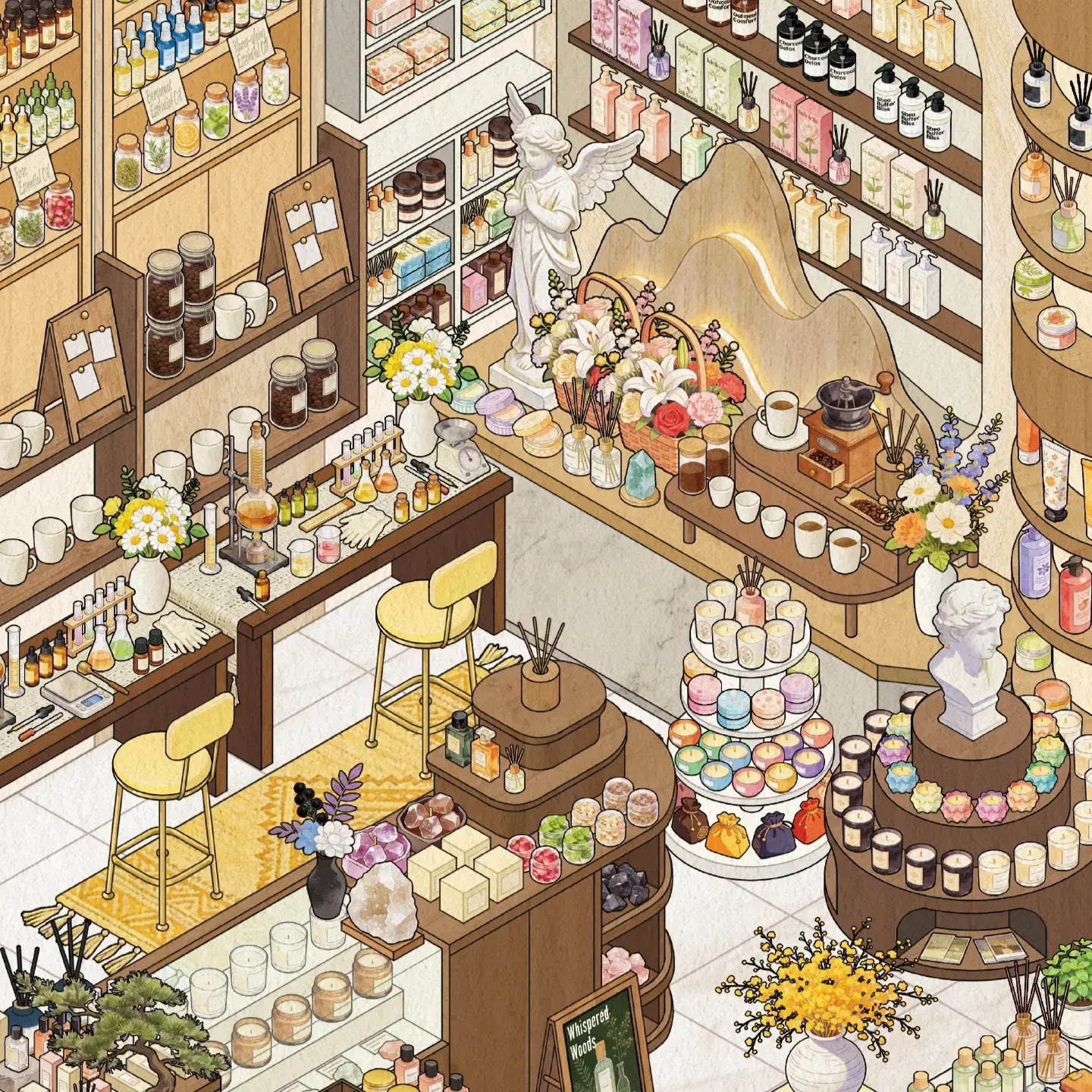 Close-up of the Perfume Research Society miniature scene showing perfume bottles, flower baskets, candles, lab tables, and boutique display shelves
