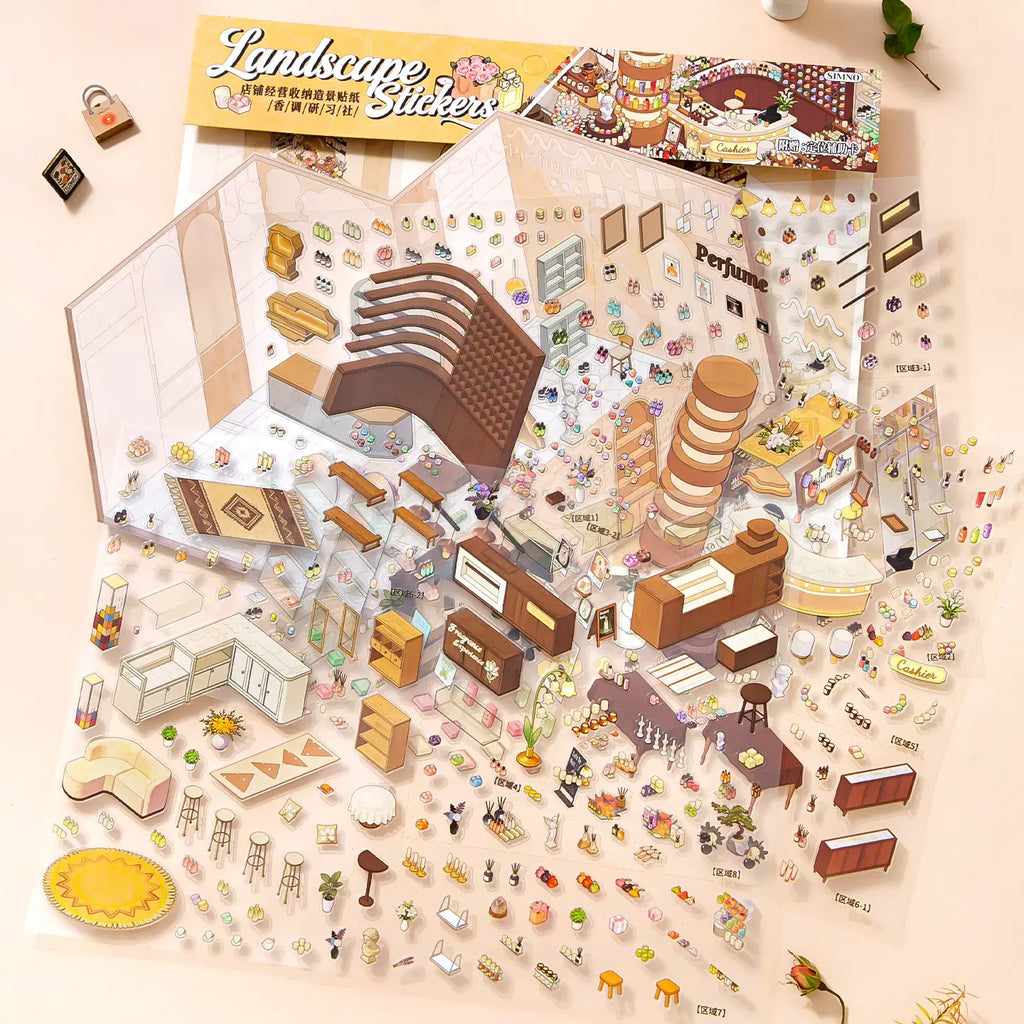 Perfume Research Society sticker kit contents with PET sticker sheets, scene card, perfume shop furniture, display shelves, and fragrance decor pieces