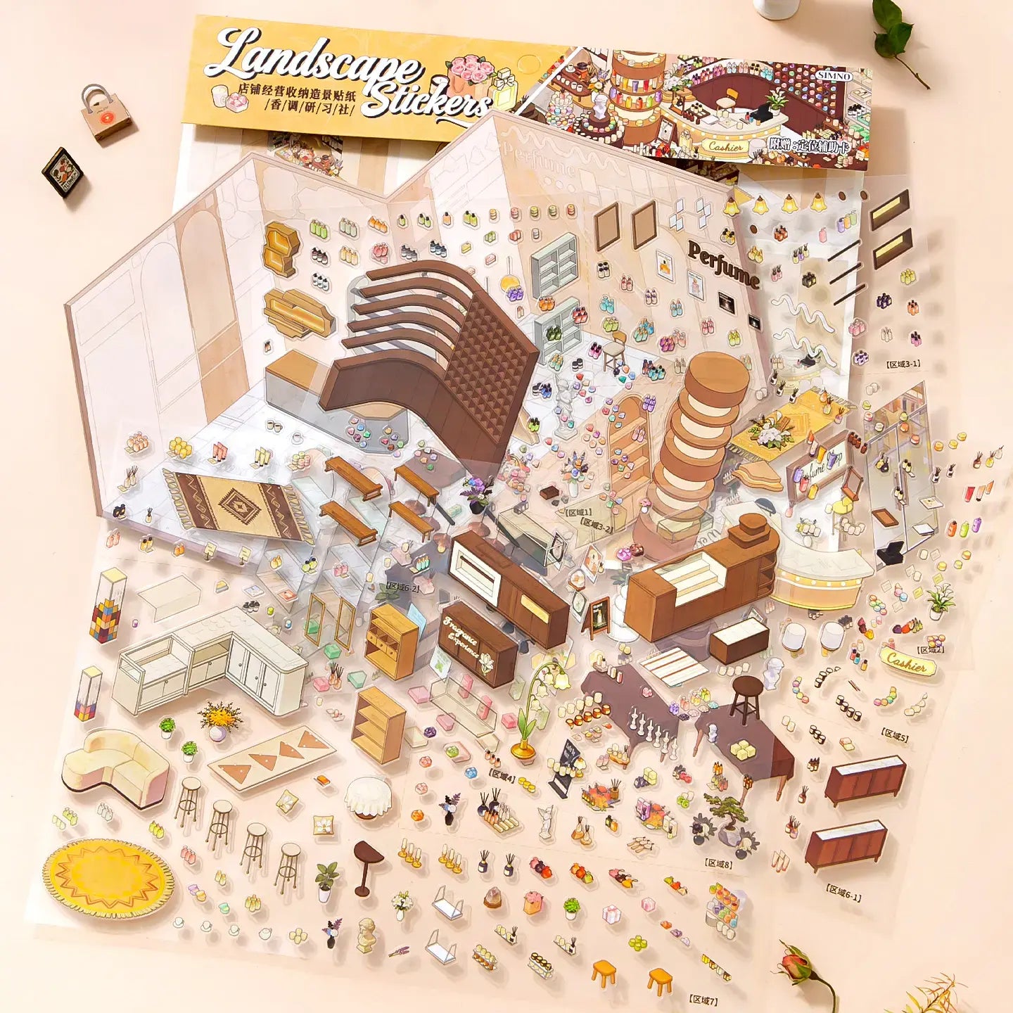 Perfume Research Society sticker kit contents with PET sticker sheets, scene card, perfume shop furniture, display shelves, and fragrance decor pieces