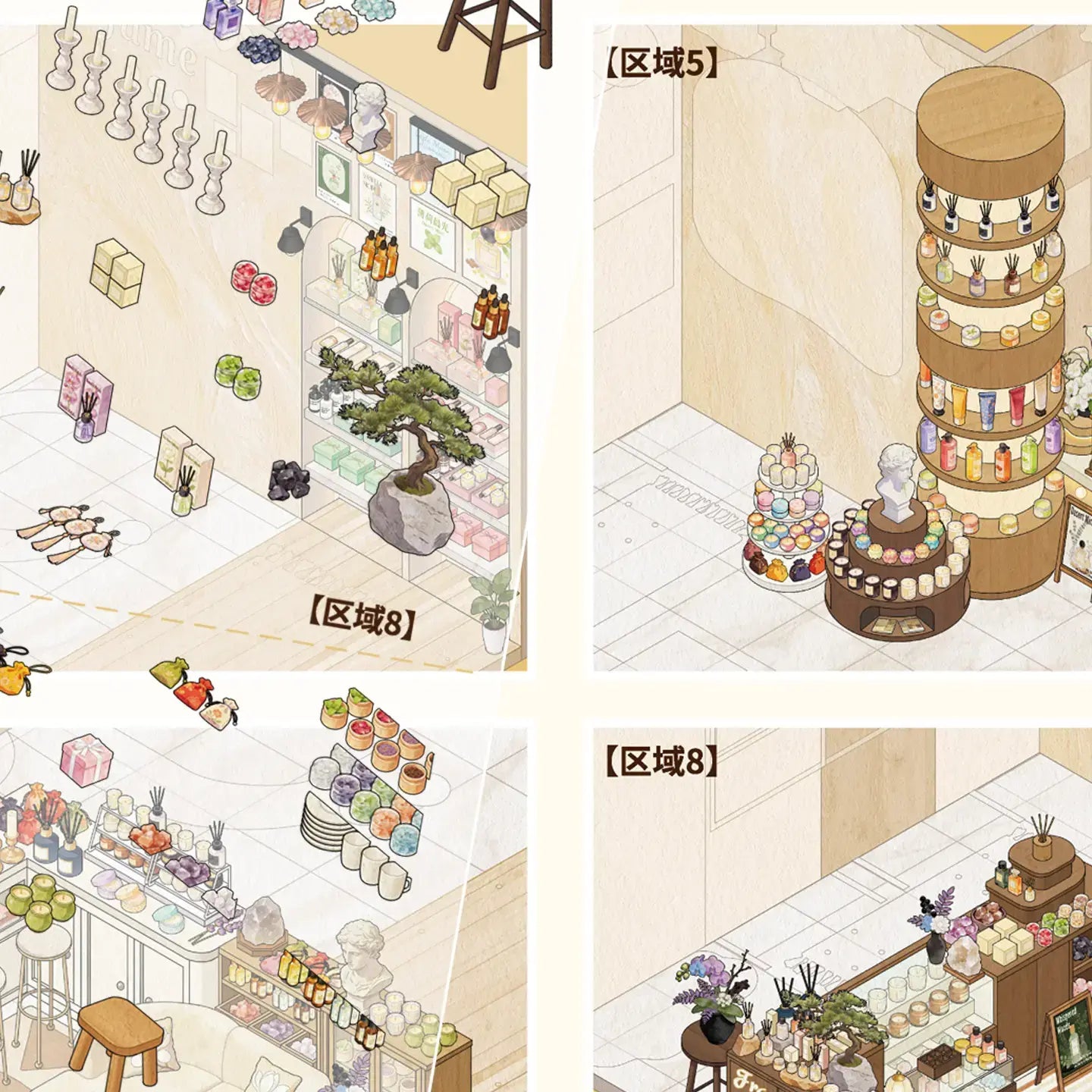 Zoned reference guide for the Perfume Research Society 3D Scene Sticker Kit showing placement areas for perfume shelves, display tables, and boutique details