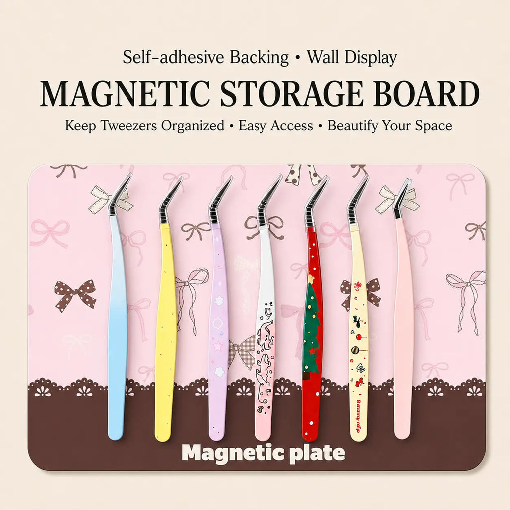 Pink bow magnetic tweezer storage board on a craft desk holding tweezers for sticker and DIY projects
