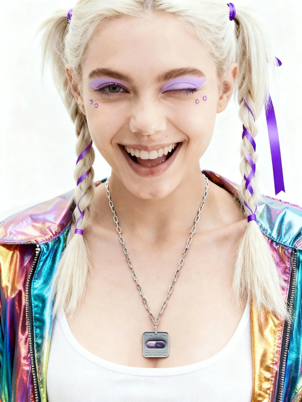 Y3K pink capsule NFC silver necklace worn by model, front view