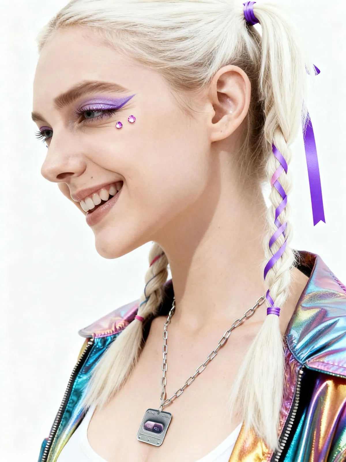 Y3K pink capsule NFC silver necklace worn by model, side view