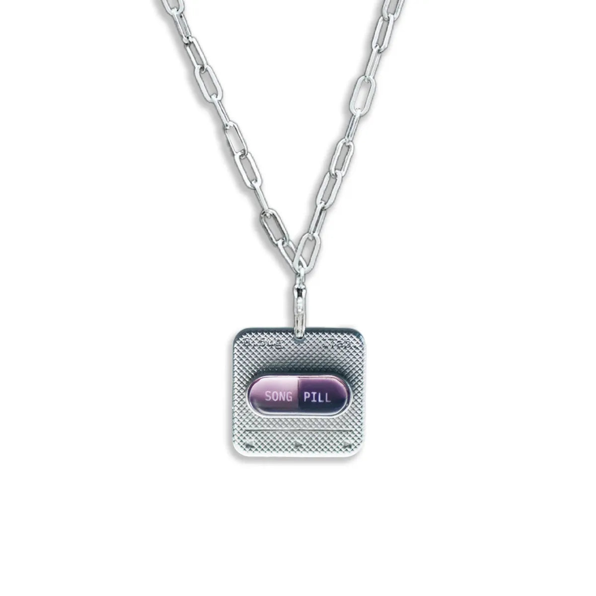 Y3K pink capsule NFC silver necklace on white background