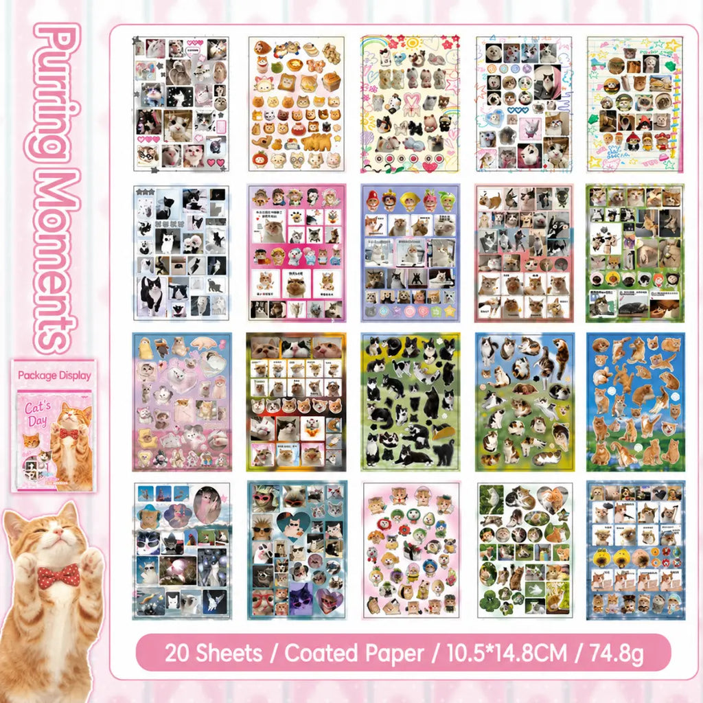 Pink Cat’s Day sticker book overview showing 20 coated paper sticker sheets with cute photo-style cats, frames, food, and playful accents