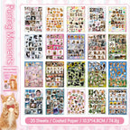 Pink Cat’s Day sticker book overview showing 20 coated paper sticker sheets with cute photo-style cats, frames, food, and playful accents