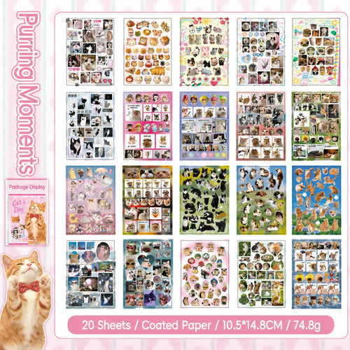 Pink Cat’s Day sticker book overview showing 20 coated paper sticker sheets with cute photo-style cats, frames, food, and playful accents
