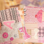 Close-up of pink patch stitch journaling stickers with knit texture, buttons, lace, and cupcake details