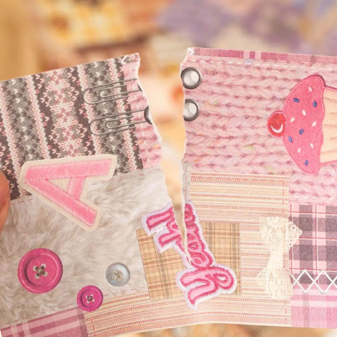 Close-up of pink patch stitch journaling stickers with knit texture, buttons, lace, and cupcake details