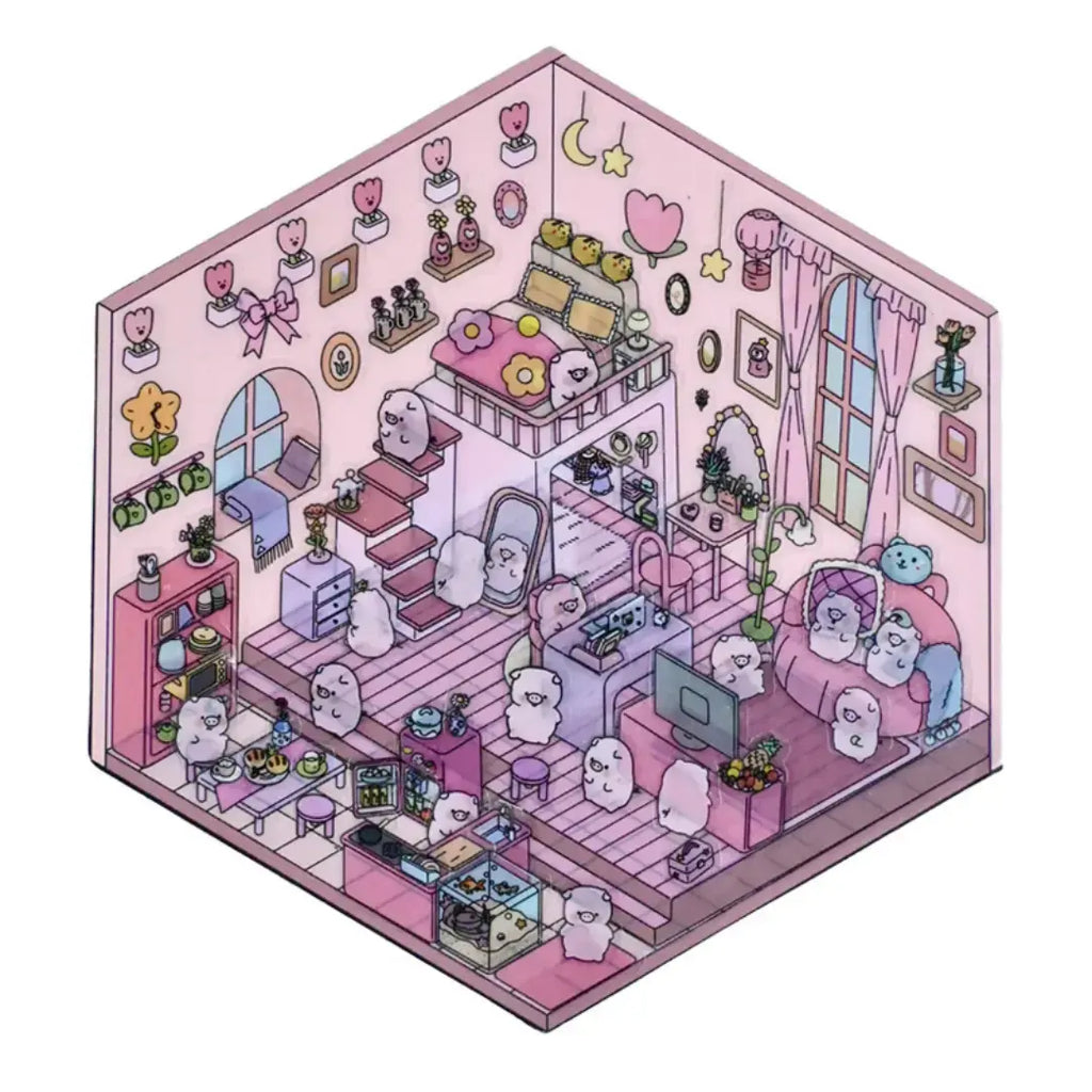 Pink Puppy Room 3D scene sticker kit with a cute pink bedroom and small pet characters