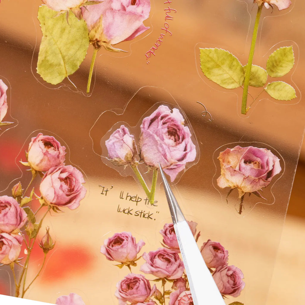 Close-up of a pink rose sticker on a transparent floral sticker sheet