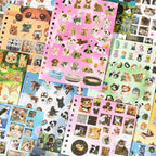 Playful cat and dog sticker sheets with photo-style pets and cute decorative designs
