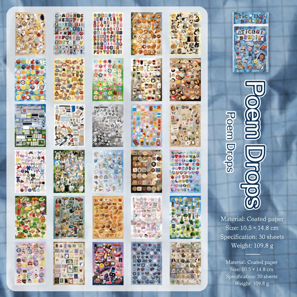 Poem Drops journaling sticker set overview with 30 sheets and product specifications