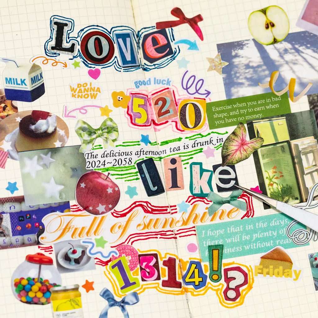 Close-up of layered journaling stickers on a collage notebook page