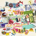 Close-up of layered journaling stickers on a collage notebook page