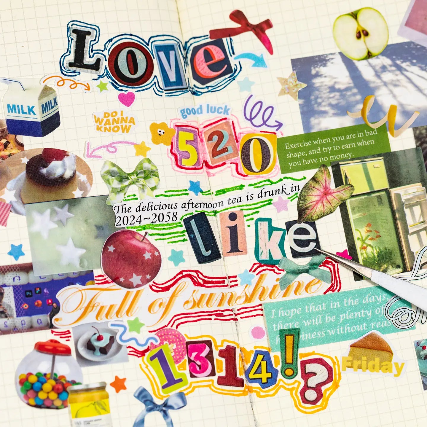 Close-up of layered journaling stickers on a collage notebook page