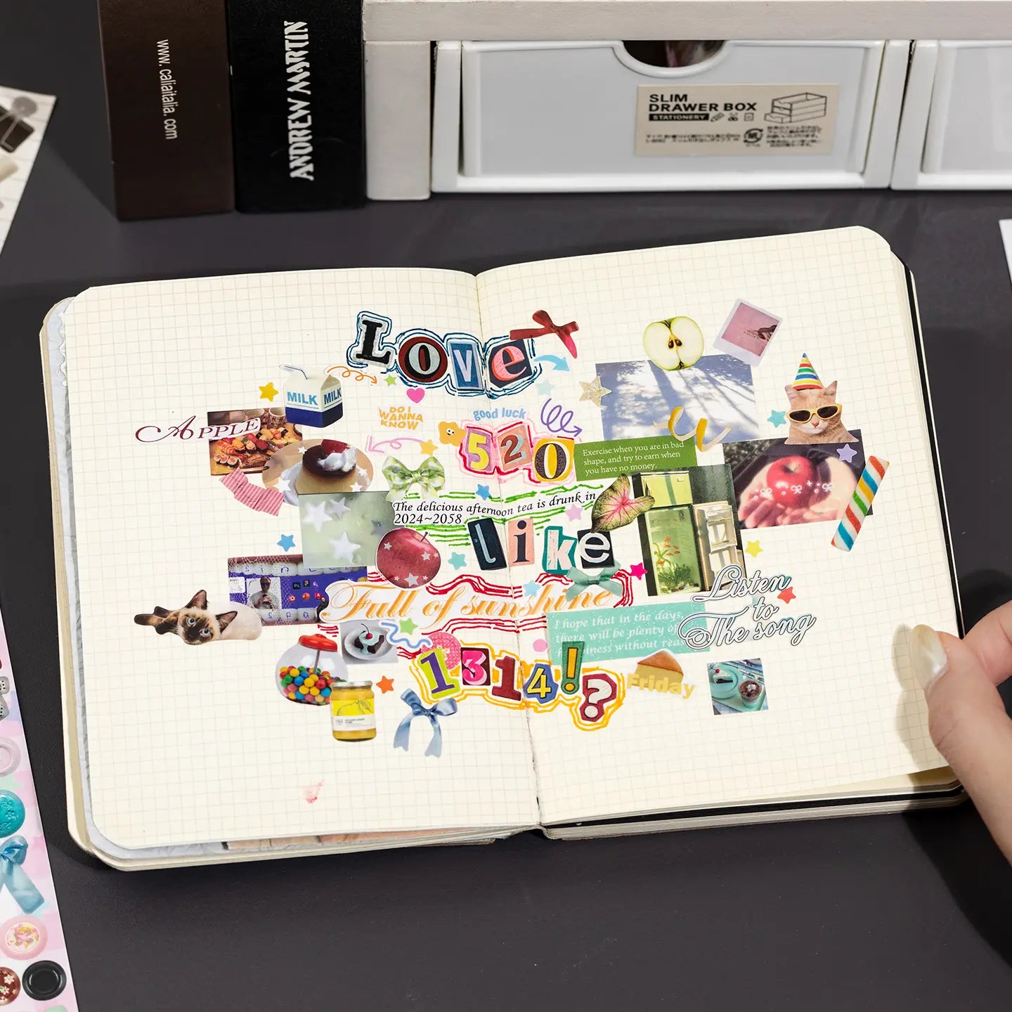 Journal collage spread made with the Poem Drops journaling sticker set